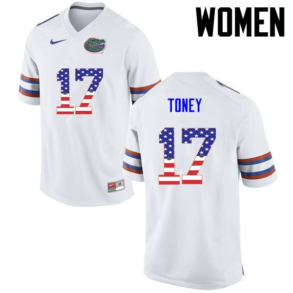 Women's NCAA Florida Gators Kadarius Toney #17 Stitched Authentic USA Flag Fashion Nike White College Football Jersey WIM3865AP